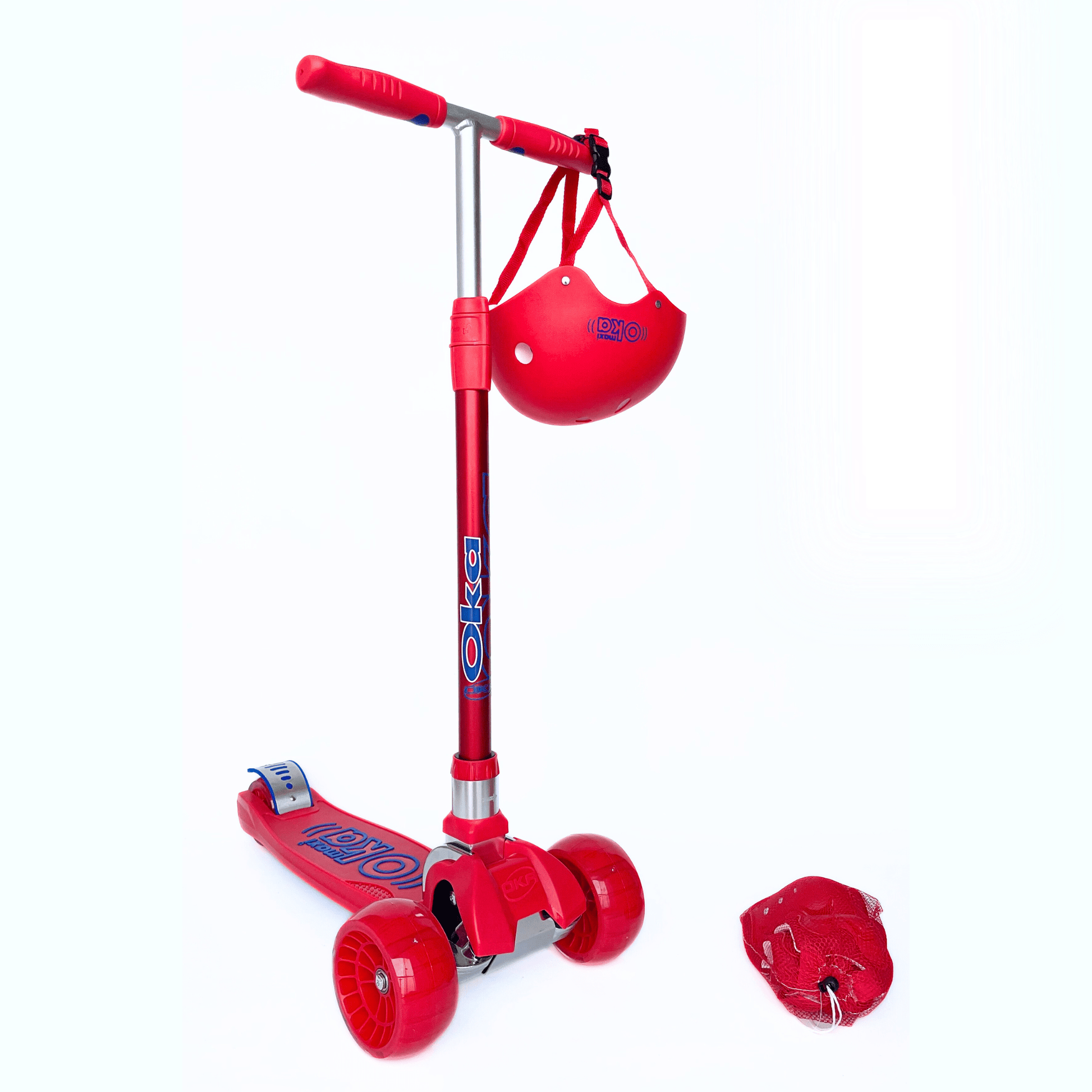 Patinete rojo de tres ruedas OKA con casco y rodilleras para niños.