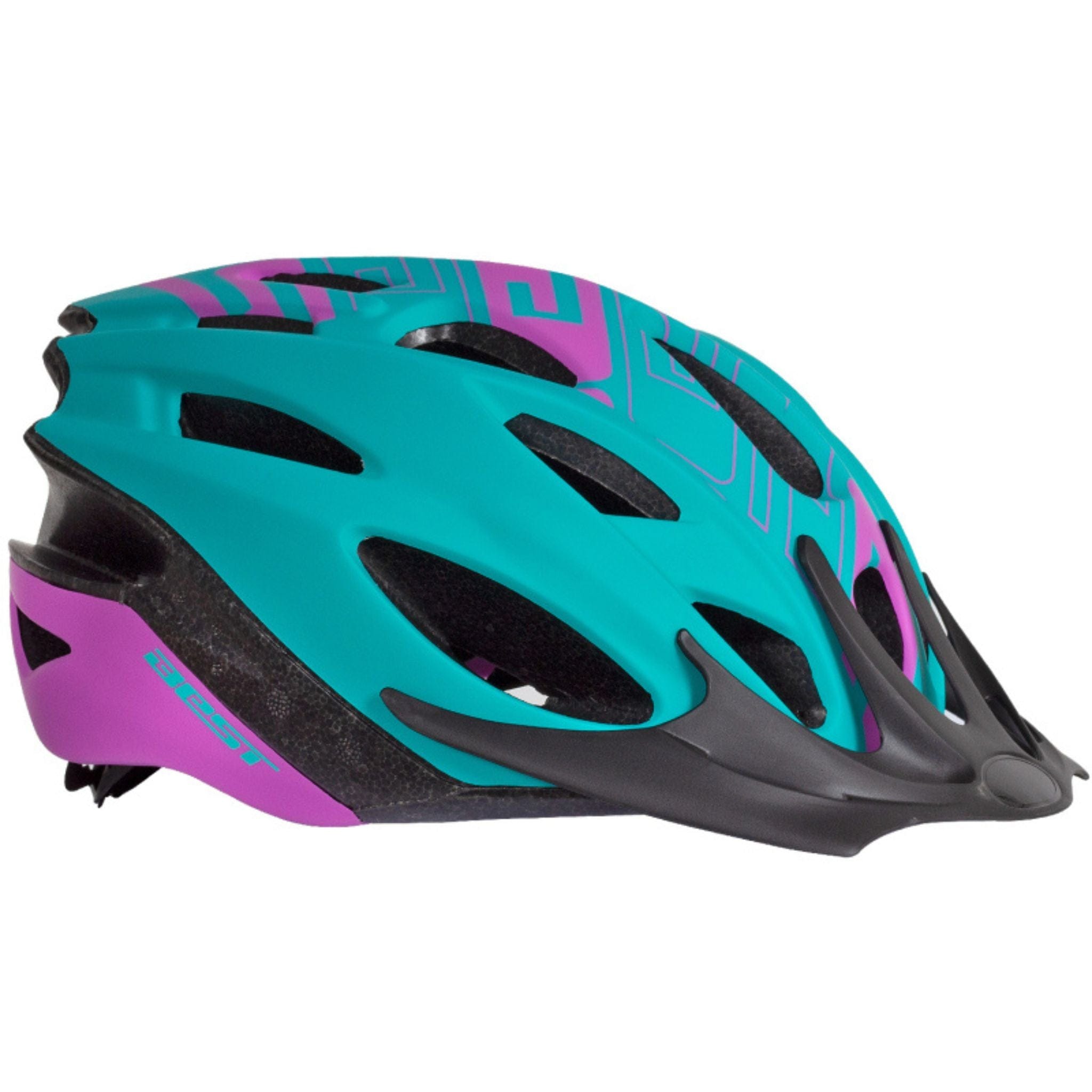 Casco de ciclismo Crest en colores turquesa y morado con ventilación eficiente y diseño aerodinámico