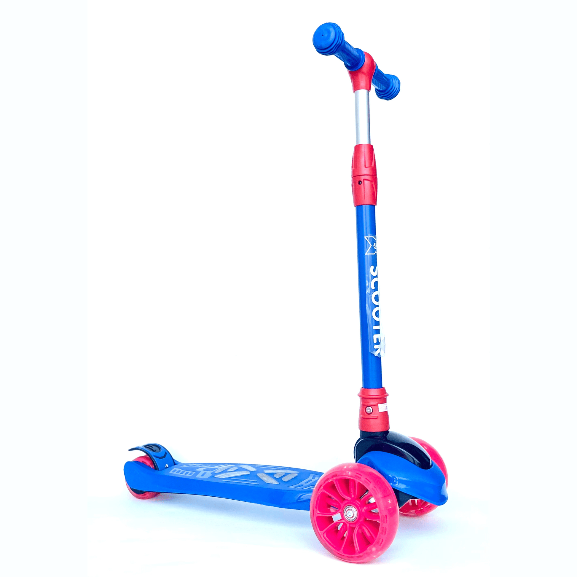Scooter azul y rojo de tres ruedas para niños, marca 'Velocity', con marco de aluminio resistente, manillar ajustable y ruedas LED.