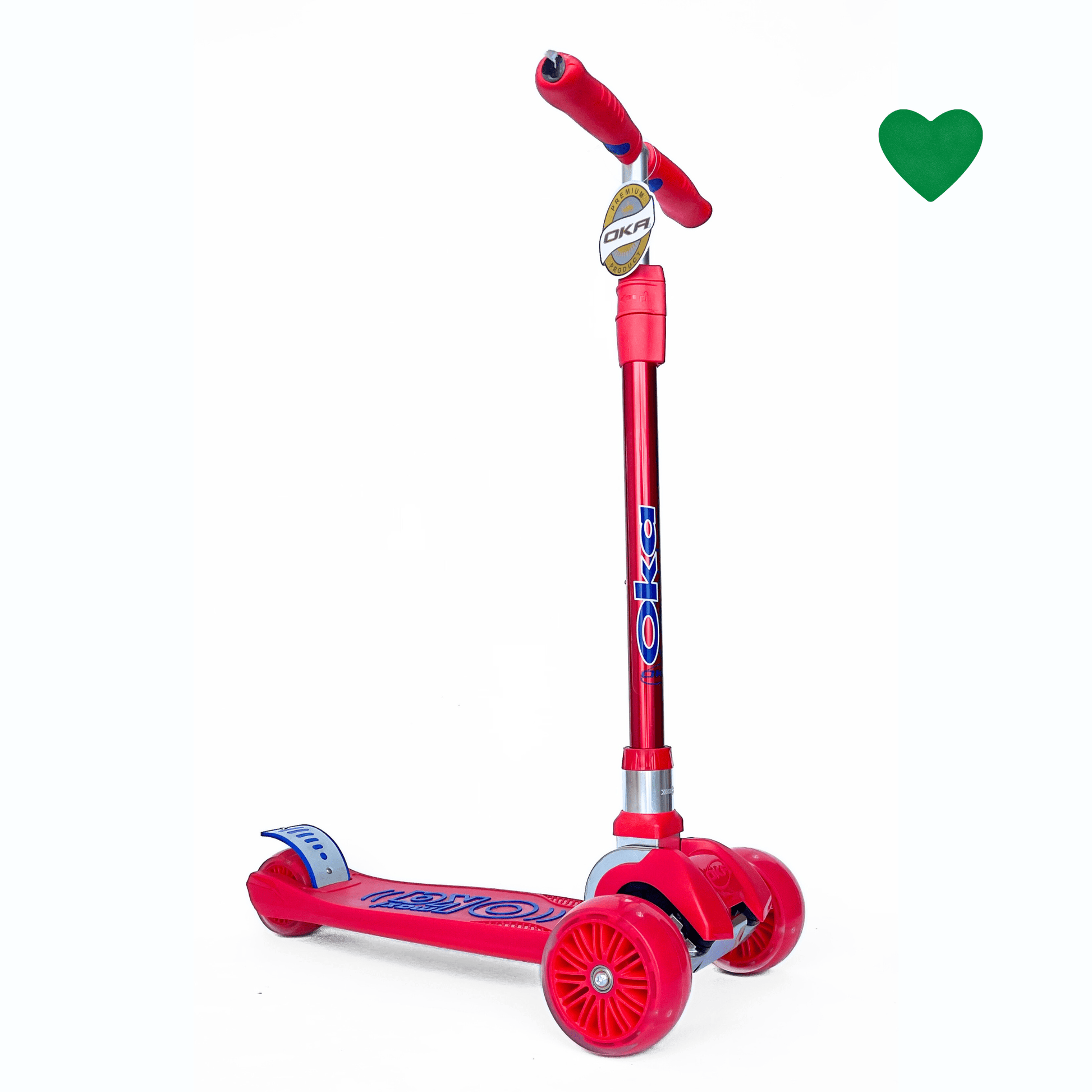 Patinete rojo de tres ruedas para niños y niñas marca OKA, ideal para edades de 5 a 12 años, con diseño resistente y colores vibrantes.